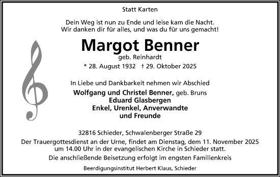 Anzeige  Margot Benner  Lippische Landes-Zeitung
