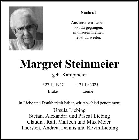 Anzeige  Margret Steinmeier  Lippische Landes-Zeitung