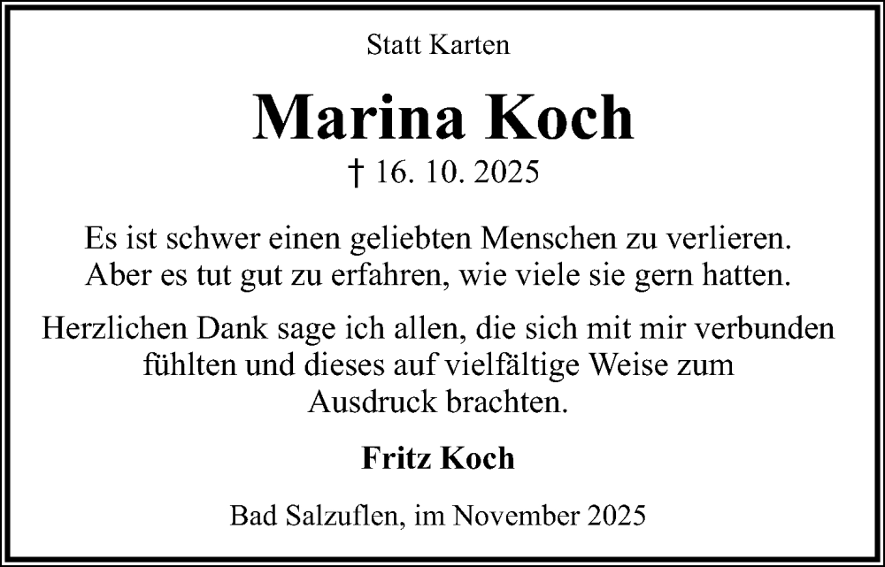  Traueranzeige für Marina Koch vom 15.11.2025 aus Lippische Landes-Zeitung