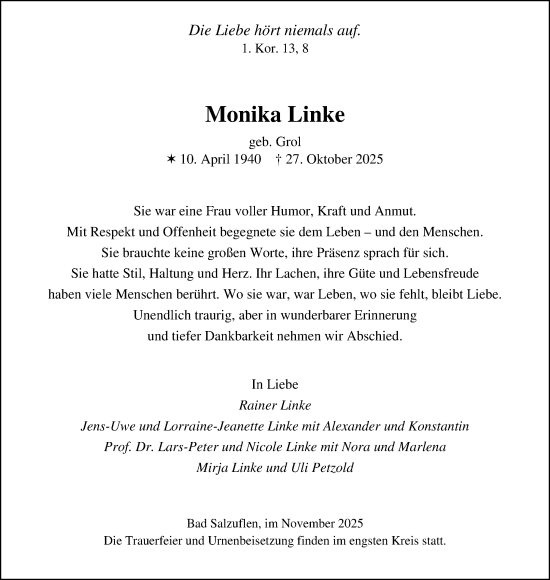 Anzeige  Monika Linke  Lippische Landes-Zeitung
