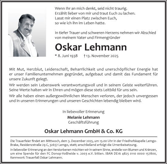 Anzeige  Oskar Lehmann  Lippische Landes-Zeitung
