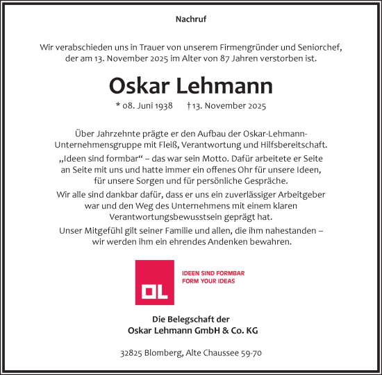Anzeige  Oskar Lehmann  Lippische Landes-Zeitung