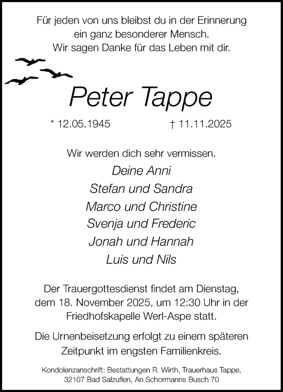 Anzeige  Peter Tappe  Lippische Landes-Zeitung