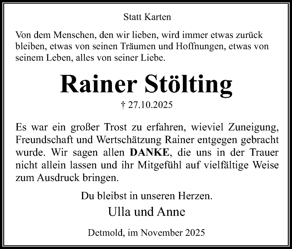  Traueranzeige für Rainer Stölting vom 29.11.2025 aus Lippische Landes-Zeitung