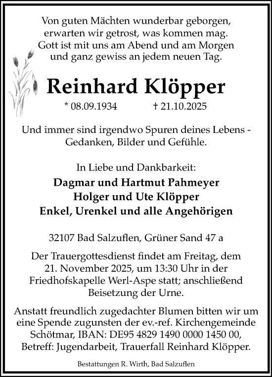 Anzeige  Reinhard Klöpper  Lippische Landes-Zeitung