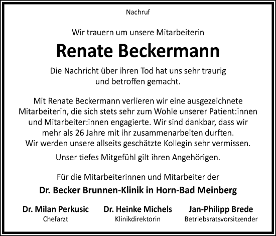 Anzeige  Renate Beckermann  Lippische Landes-Zeitung