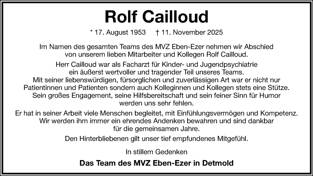  Traueranzeige für Rolf Cailloud vom 22.11.2025 aus Lippische Landes-Zeitung