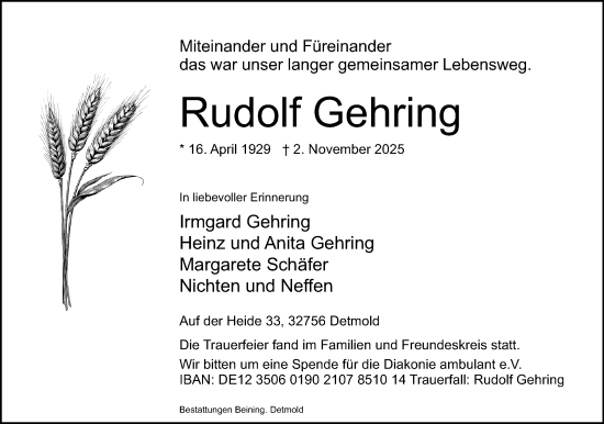 Anzeige  Rudolf Gehring  Lippische Landes-Zeitung