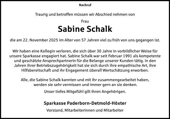 Anzeige  Sabine Schalk  Lippische Landes-Zeitung