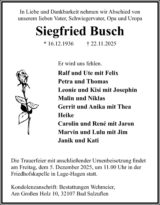 Anzeige  Siegfried Busch  Lippische Landes-Zeitung