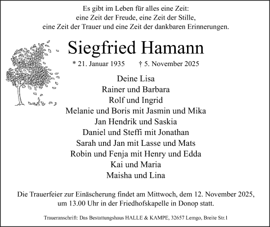 Anzeige  Siegfried Hamann  Lippische Landes-Zeitung