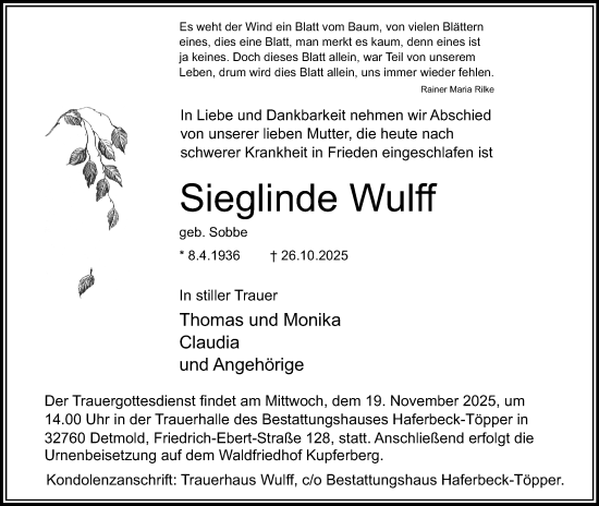 Anzeige  Sieglinde Wulff  Lippische Landes-Zeitung