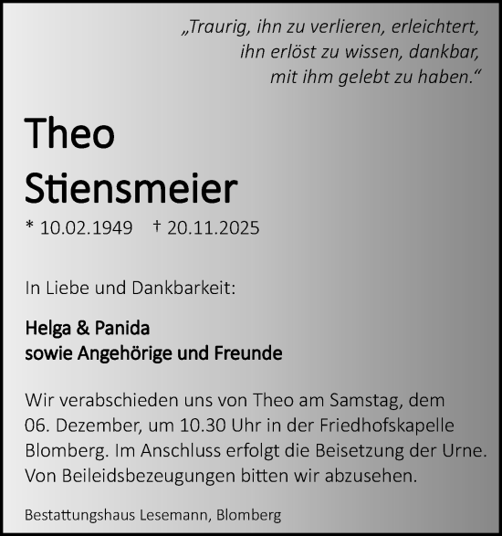 Anzeige  Theo Stiensmeier  Lippische Landes-Zeitung