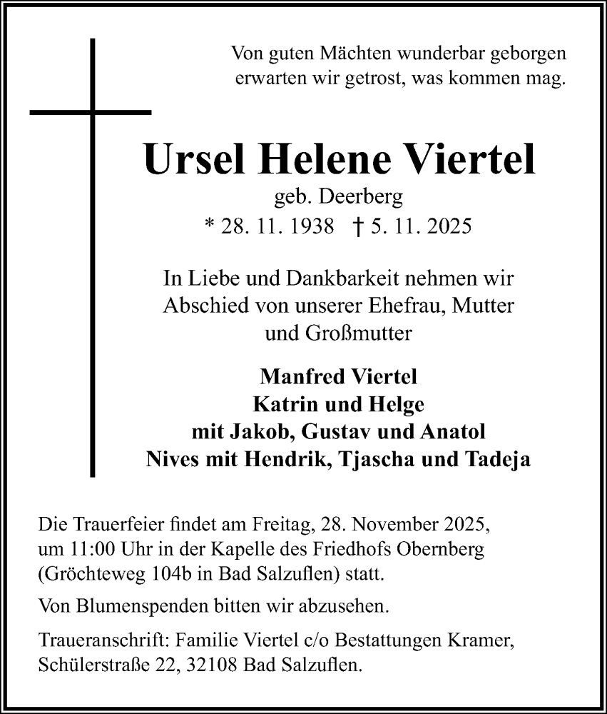  Traueranzeige für Ursel Helene Viertel vom 15.11.2025 aus Lippische Landes-Zeitung