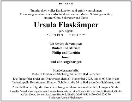 Anzeige  Ursula Flaskämper  Lippische Landes-Zeitung