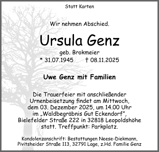 Anzeige  Ursula Genz  Lippische Landes-Zeitung