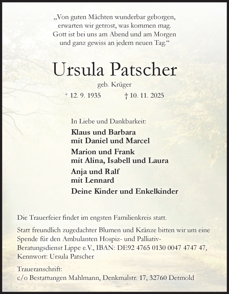  Traueranzeige für Ursula Patscher vom 15.11.2025 aus Lippische Landes-Zeitung