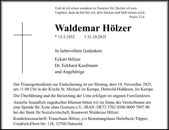 Anzeige  Waldemar Hölzer  Lippische Landes-Zeitung