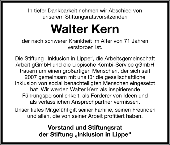 Anzeige  Walter Kern  Lippische Landes-Zeitung