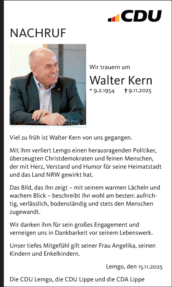 Anzeige  Walter Kern  Lippische Landes-Zeitung