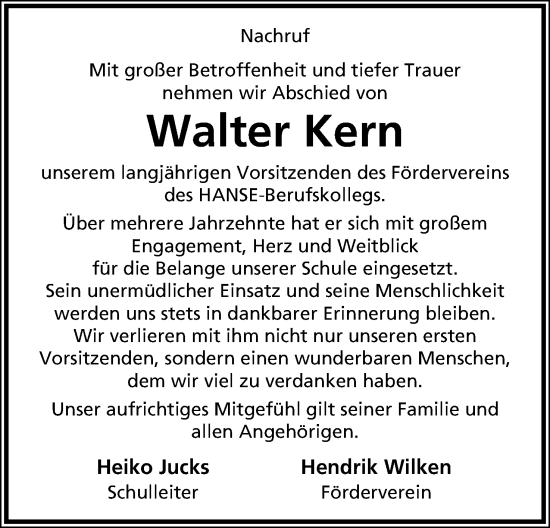Anzeige  Walter Kern  Lippische Landes-Zeitung