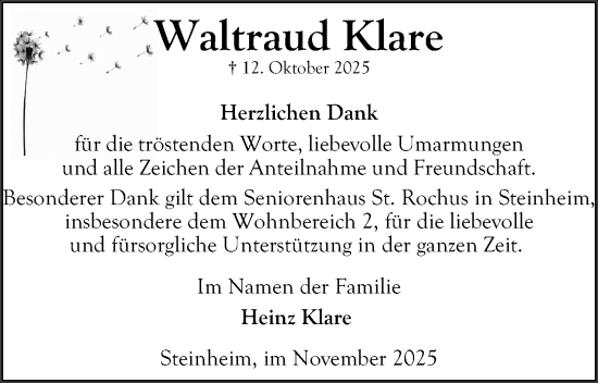 Anzeige  Waltraud Klare  Lippische Landes-Zeitung