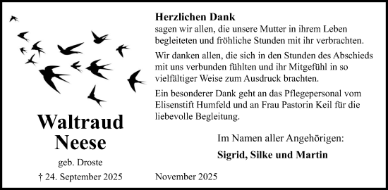 Anzeige  Waltraud Neese  Lippische Landes-Zeitung