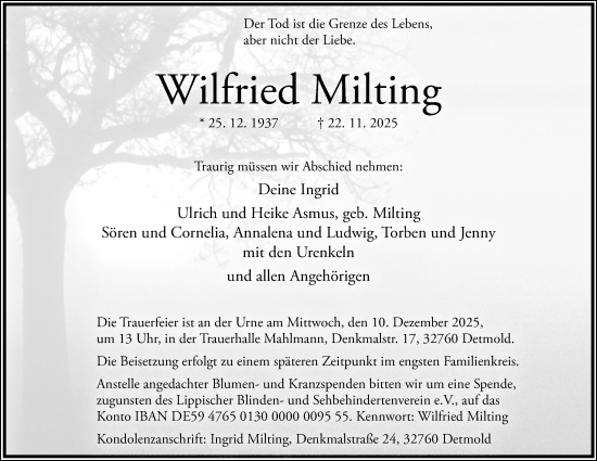Anzeige  Wilfried Milting  Lippische Landes-Zeitung