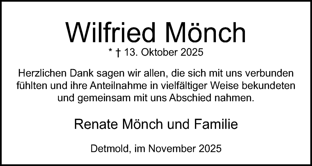  Traueranzeige für Wilfried Mönch vom 22.11.2025 aus Lippische Landes-Zeitung