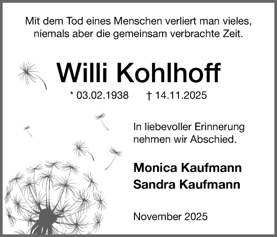 Anzeige  Willi Kohlhoff  Lippische Landes-Zeitung
