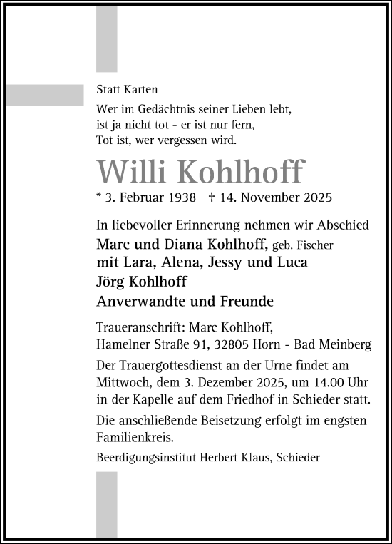 Anzeige  Willi Kohlhoff  Lippische Landes-Zeitung