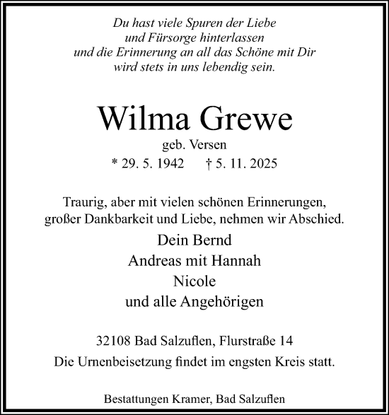 Anzeige  Wilma Grewe  Lippische Landes-Zeitung