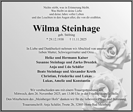 Anzeige  Wilma Steinhage  Lippische Landes-Zeitung