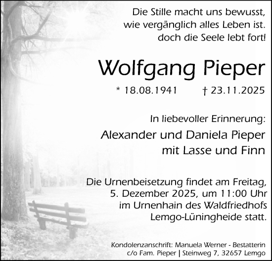 Anzeige  Wolfgang Pieper  Lippische Landes-Zeitung