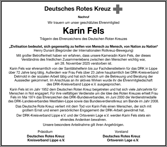 Anzeige  Karin Fels  Lippische Landes-Zeitung