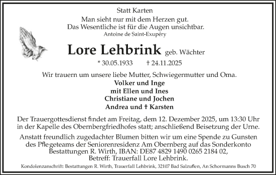 Anzeige  Lore Lehbrink  Lippische Landes-Zeitung