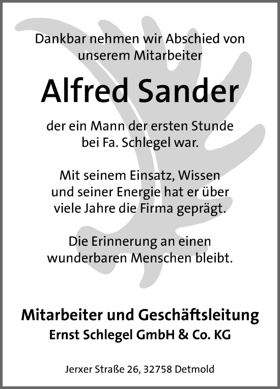 Anzeige  Alfred Sander  Lippische Landes-Zeitung