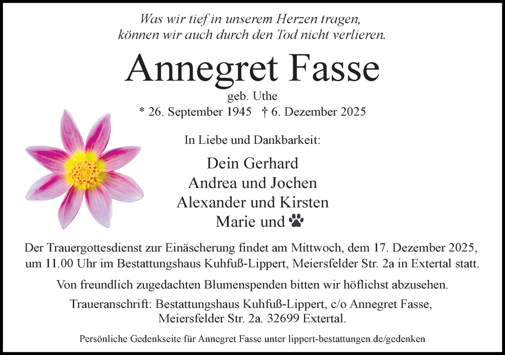  Traueranzeige für Annegret Fasse vom 13.12.2025 aus Lippische Landes-Zeitung