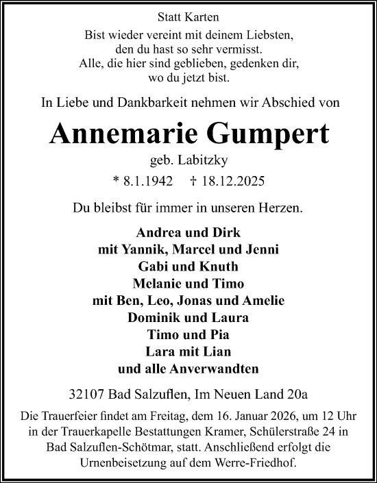 Anzeige  Annemarie Gumpert  Lippische Landes-Zeitung