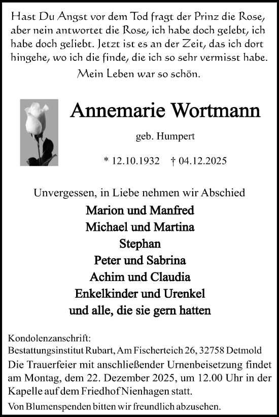 Anzeige  Annemarie Wortmann  Lippische Landes-Zeitung