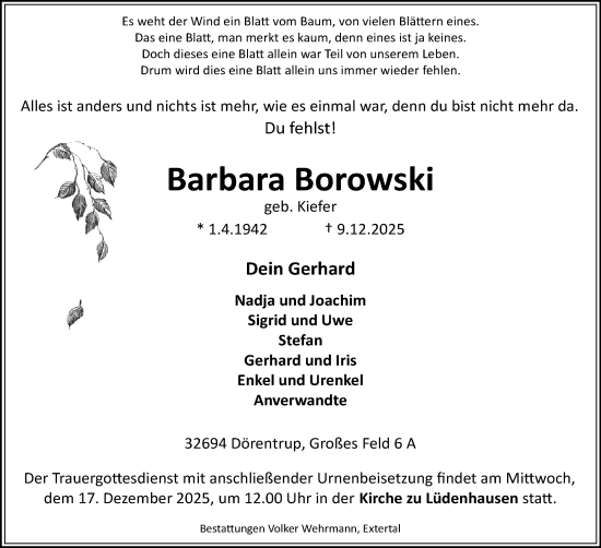 Anzeige  Barbara Borowski  Lippische Landes-Zeitung