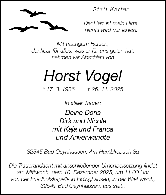 Anzeige  Horst Vogel  Lippische Landes-Zeitung