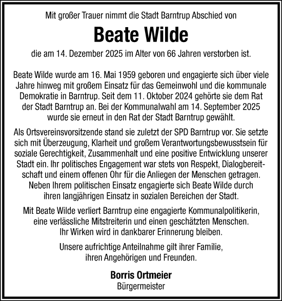 Anzeige  Beate Wilde  Lippische Landes-Zeitung