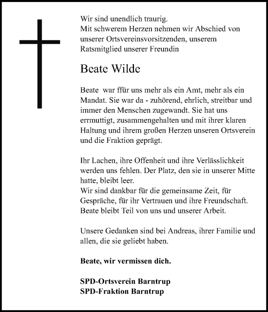 Anzeige  Beate Wilde  Lippische Landes-Zeitung
