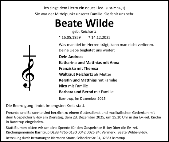 Anzeige  Beate Wilde  Lippische Landes-Zeitung