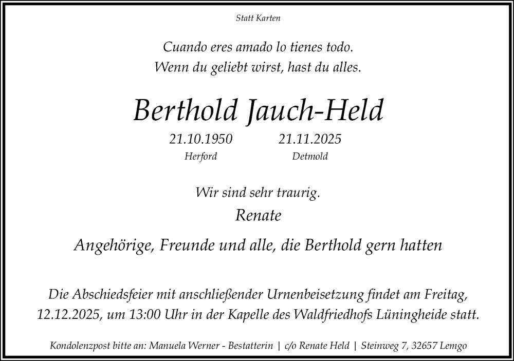  Traueranzeige für Berthold Jauch-Held vom 06.12.2025 aus Lippische Landes-Zeitung