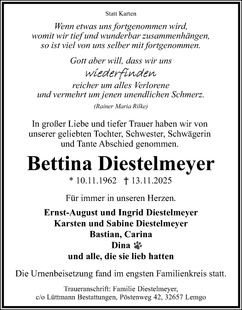  Traueranzeige für Bettina Diestelmeyer vom 06.12.2025 aus Lippische Landes-Zeitung