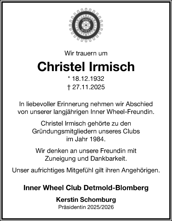 Anzeige  Christel Irmisch  Lippische Landes-Zeitung