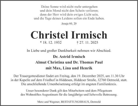 Anzeige  Christel Irmisch  Lippische Landes-Zeitung