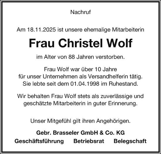 Anzeige  Christel Wolf  Lippische Landes-Zeitung